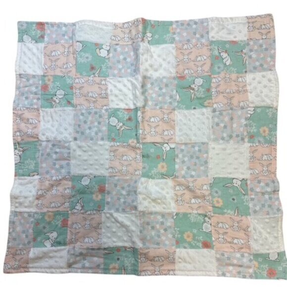 Handmade Quilt Multi Small Bunny Blocks 29”x30” Green/White Baby Nursery - Picture 1 of 7